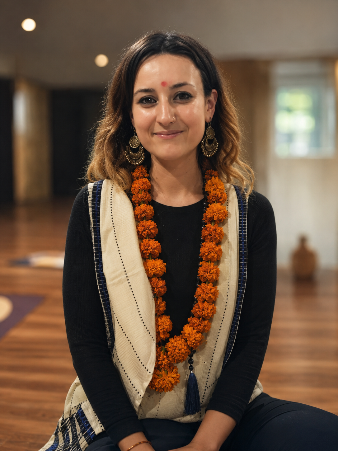 Olivia McKenzie wearing a marigold mala after graduating her yoga studies in Rishikesh, India
